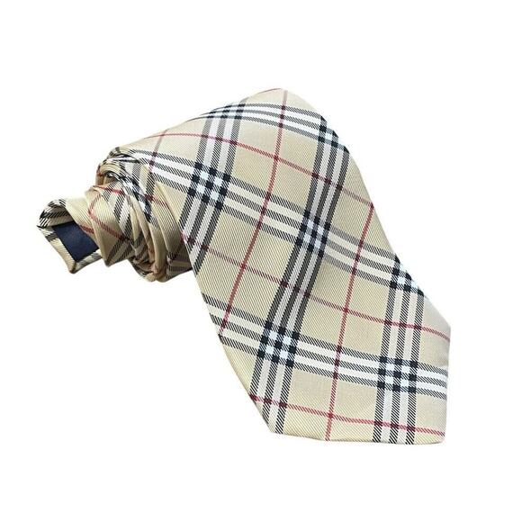 VTG Burberry London Nova Check Wide Width Hand Made Silk Neck Tie Beige Men - Picture 2 of 7